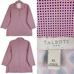 Talbots Polo Shirt Orange Blue Geometric Stretch 3/4 Sleeve Size XL